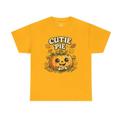 Cutie Pie Pumpkin Halloween T-Shirt in Yellow - Jack-o-Lantern with Autumn Leaves Design