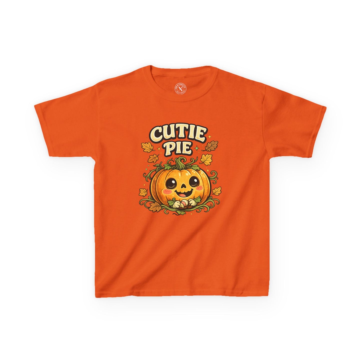 Cutie Pie orange graphic t-shirt featuring a smiling pumpkin jack-o-lantern with autumn leaves design