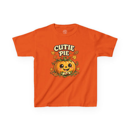 Cutie Pie orange graphic t-shirt featuring a smiling pumpkin jack-o-lantern with autumn leaves design