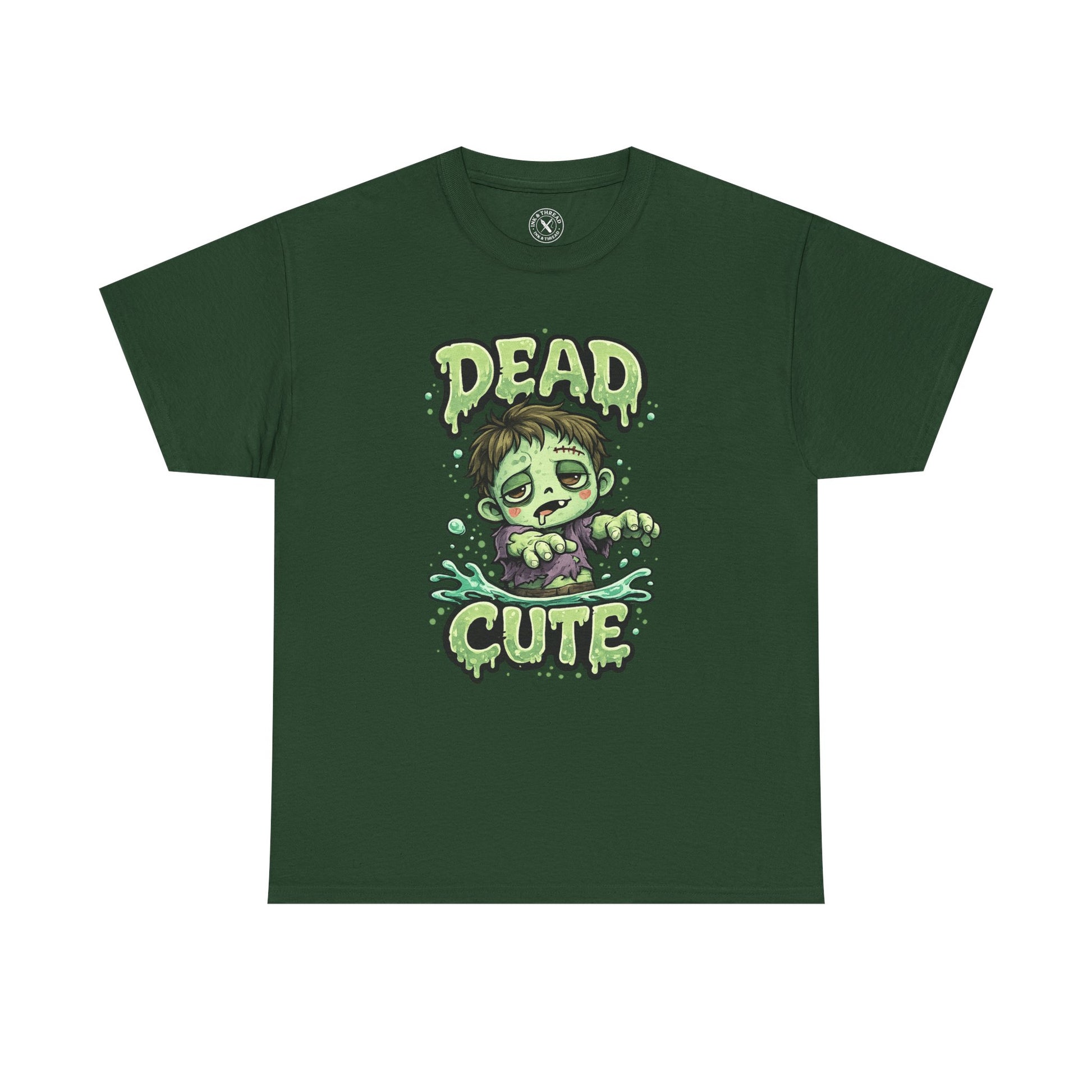 Dead Cute Zombie Halloween T-Shirt in Forest Green - Cute Zombie Boy Design Unisex Tee