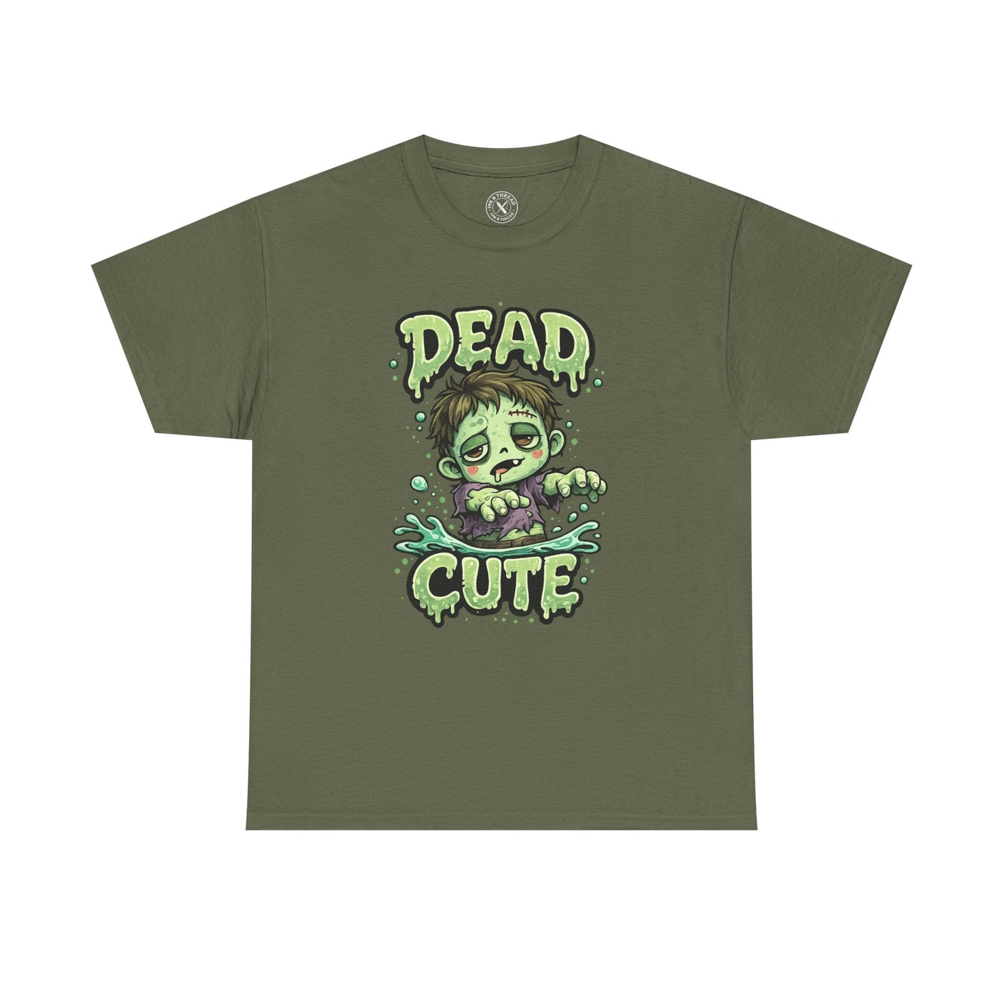 Dead Cute Zombie Halloween T-Shirt in Olive Green - Cute Zombie Boy Design Unisex Tee