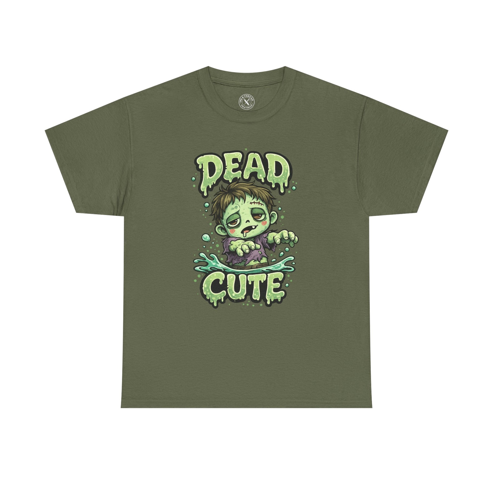 Dead Cute Zombie Halloween T-Shirt in Olive Green - Cute Zombie Boy Design Unisex Tee