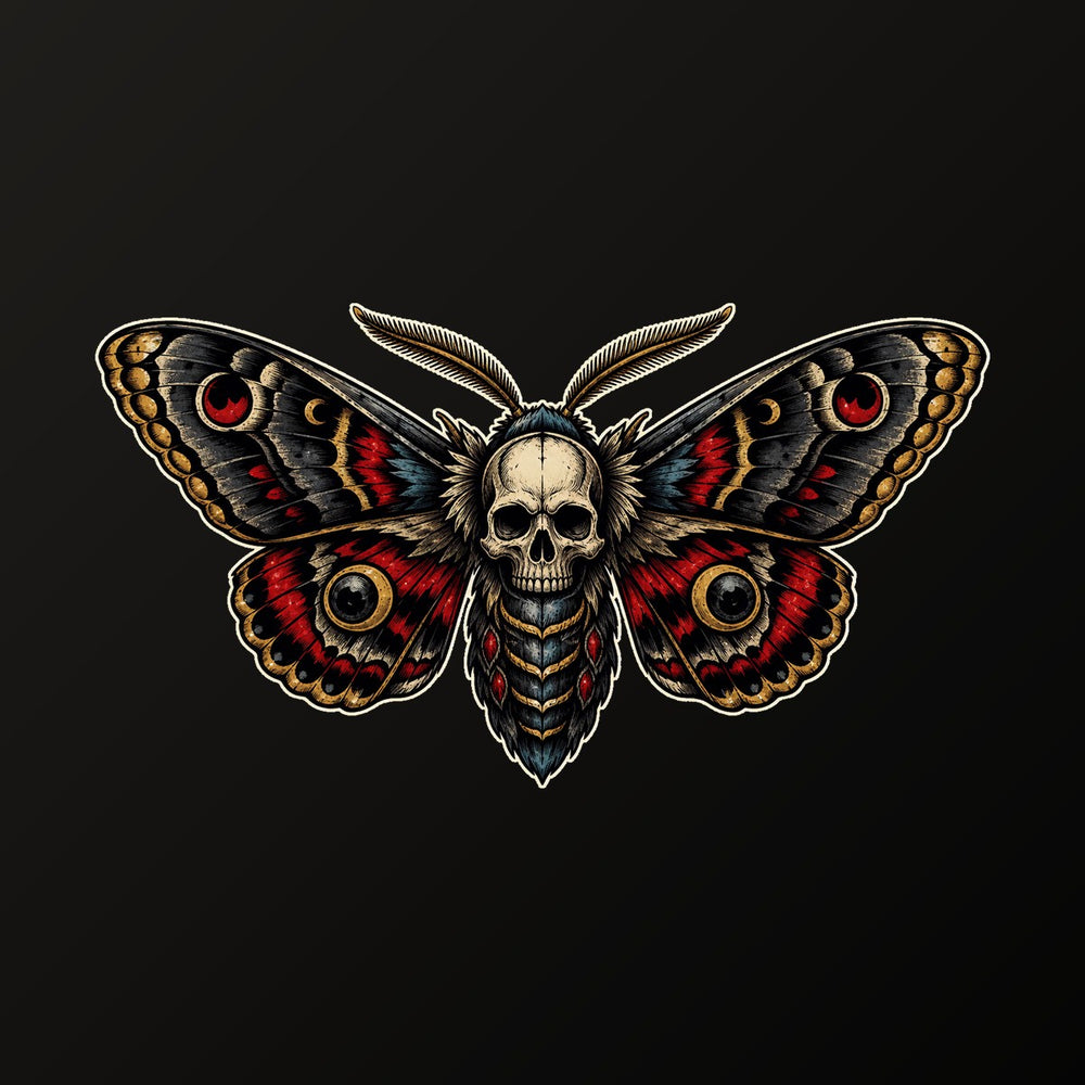 Death's-head moth graphic with gothic skull thorax