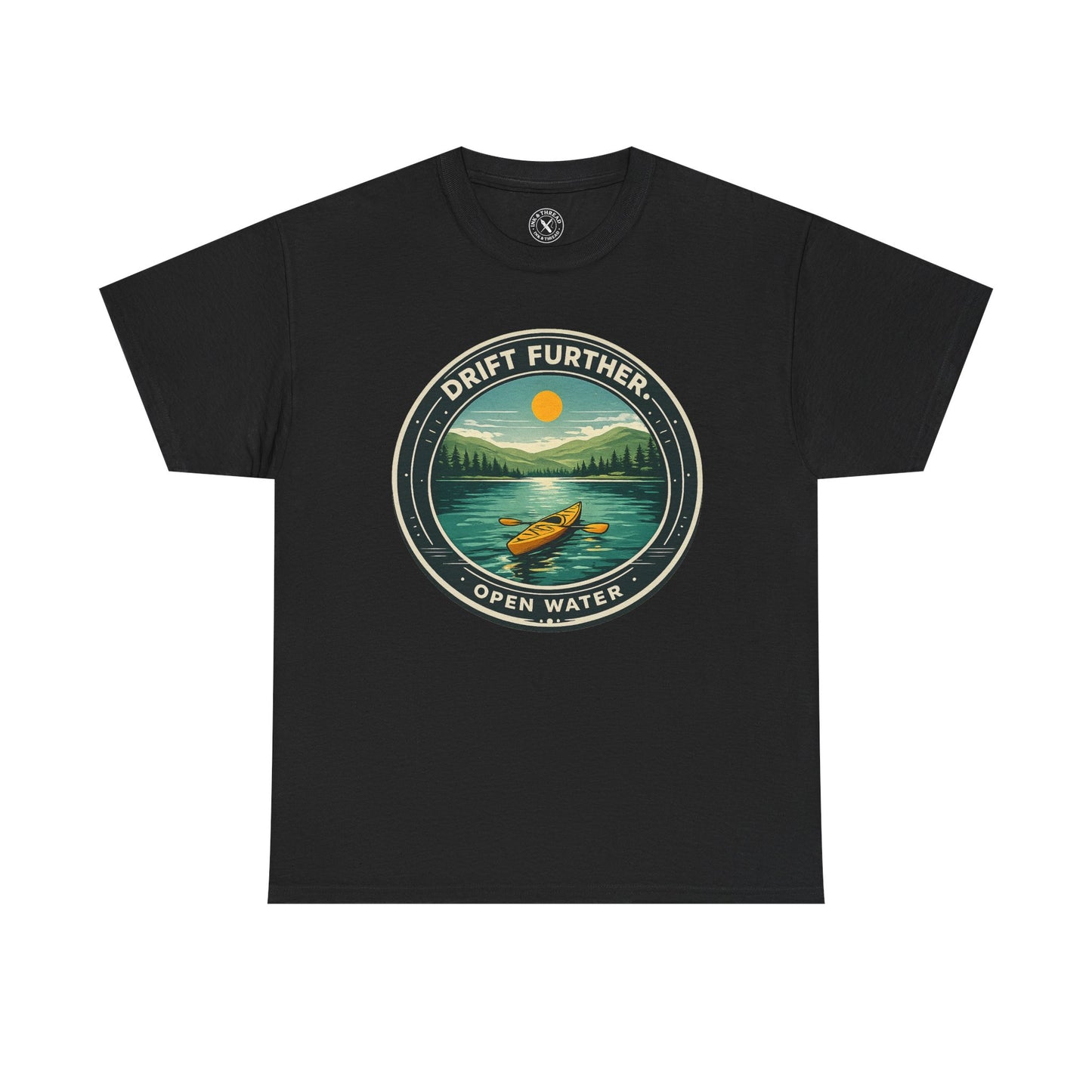 Black unisex t-shirt featuring Drift Further Open Water kayaking circular badge graphic with canoe on lake and sun design