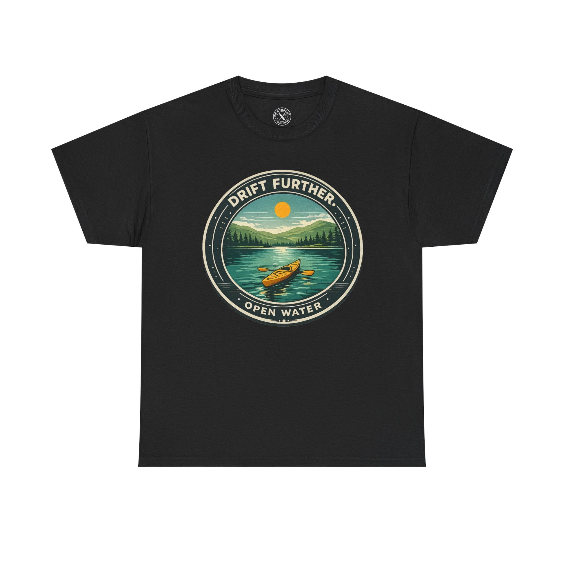 Black unisex t-shirt featuring Drift Further Open Water kayaking circular badge graphic with canoe on lake and sun design