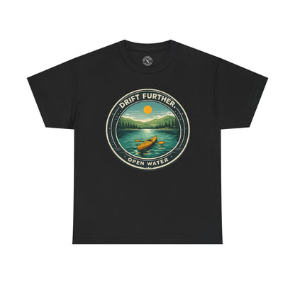 Black unisex t-shirt featuring Drift Further Open Water kayaking circular badge graphic with canoe on lake and sun design