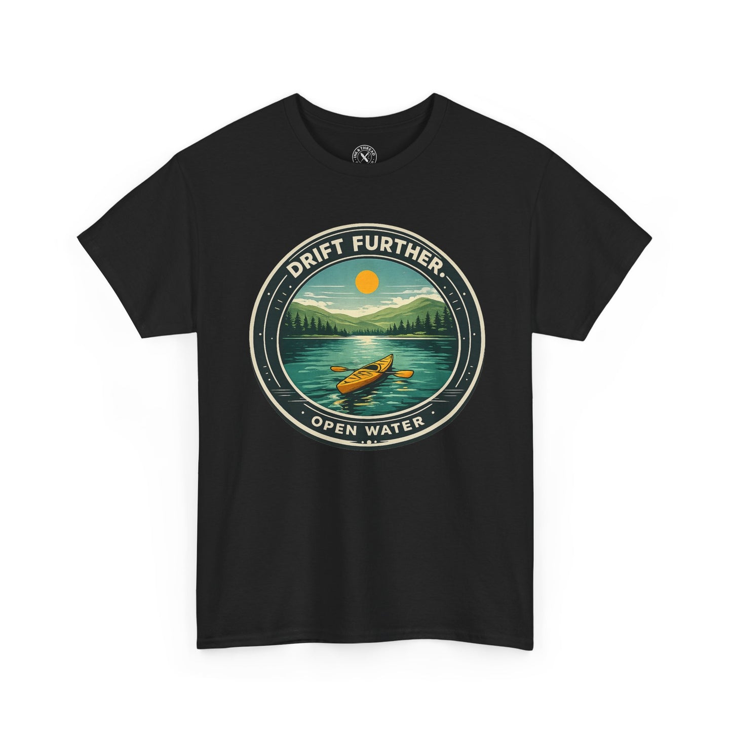 Black unisex t-shirt featuring Drift Further Open Water kayaking circular badge graphic with canoe on lake and sun design