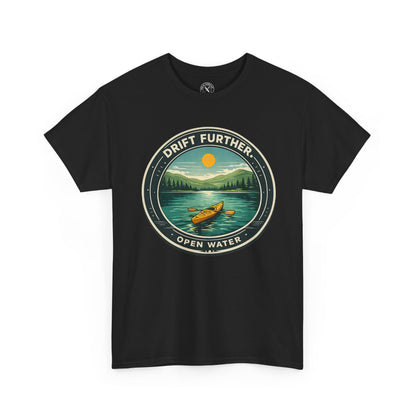 Black unisex t-shirt featuring Drift Further Open Water kayaking circular badge graphic with canoe on lake and sun design