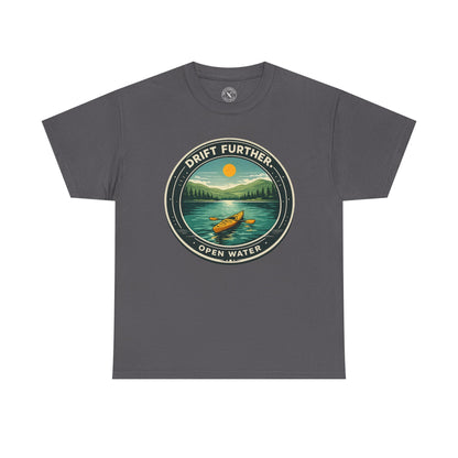 Charcoal grey unisex t-shirt featuring Drift Further Open Water kayaking circular badge graphic with canoe on lake and sun design