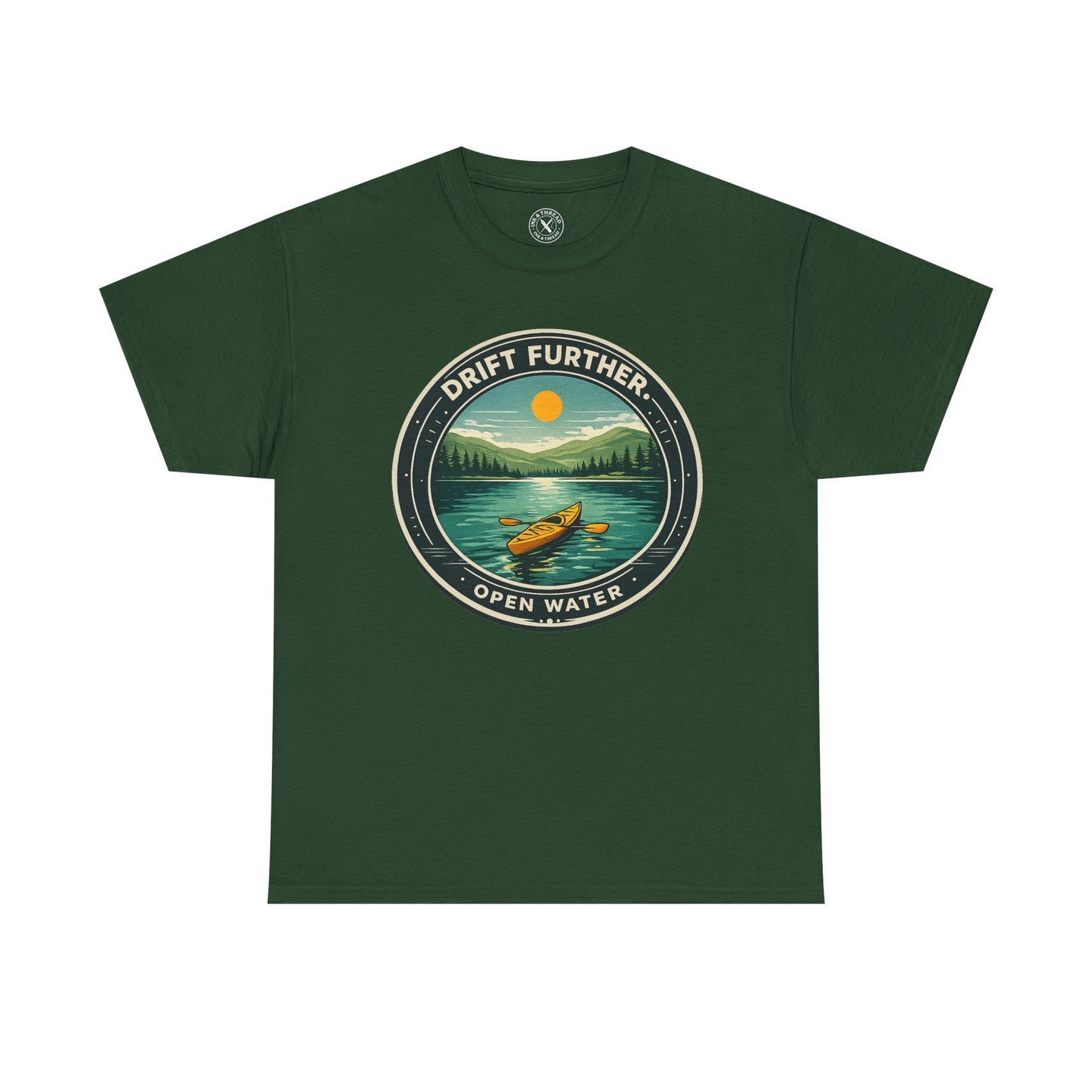 Forest green unisex t-shirt featuring Drift Further Open Water kayaking circular badge graphic with canoe on lake and sun design