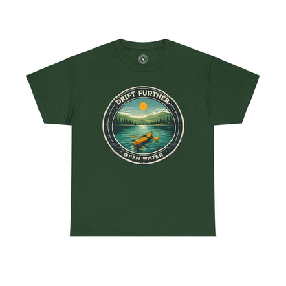 Forest green unisex t-shirt featuring Drift Further Open Water kayaking circular badge graphic with canoe on lake and sun design