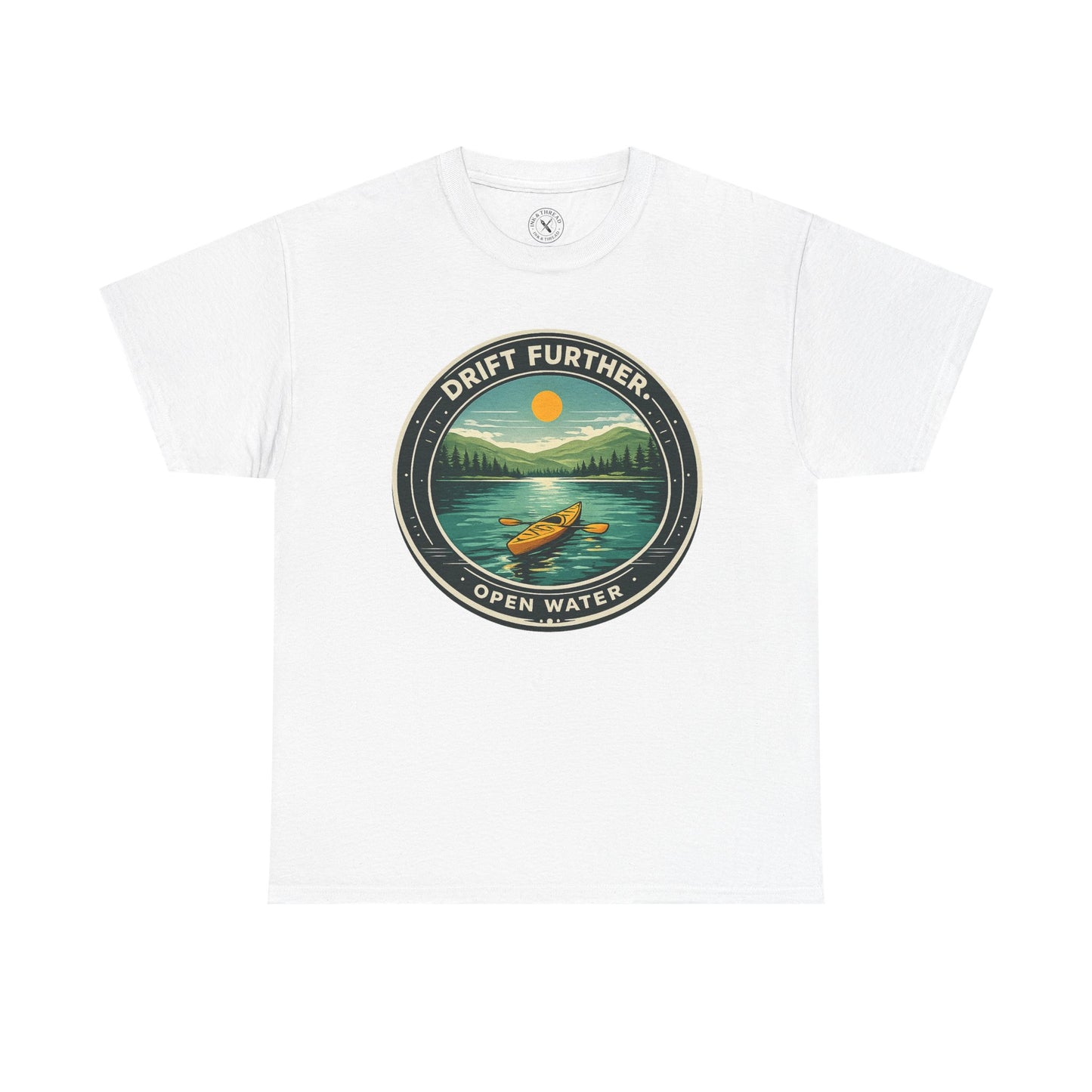 Natural white unisex t-shirt featuring Drift Further Open Water kayaking circular badge graphic with canoe on lake and sun design