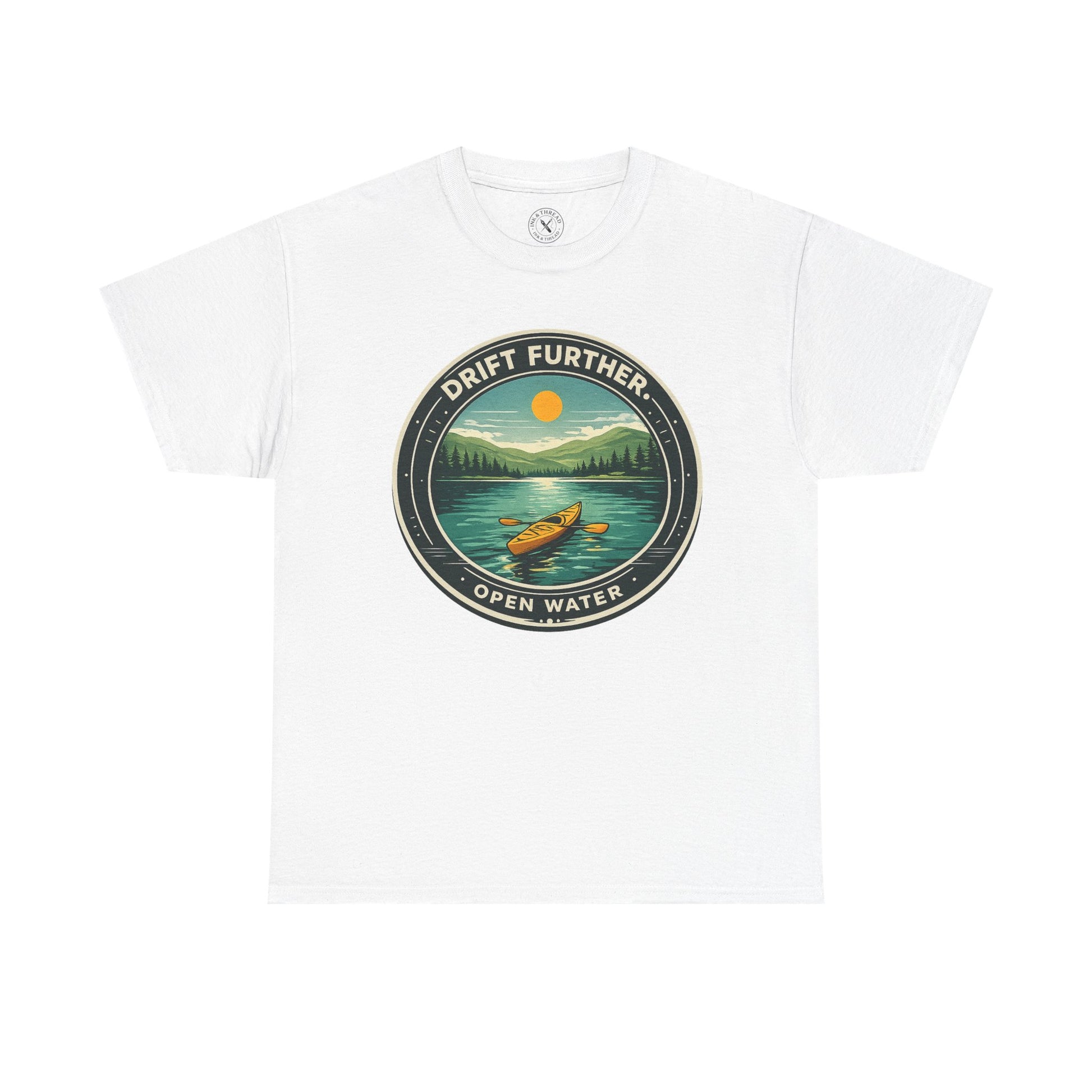 Natural white unisex t-shirt featuring Drift Further Open Water kayaking circular badge graphic with canoe on lake and sun design