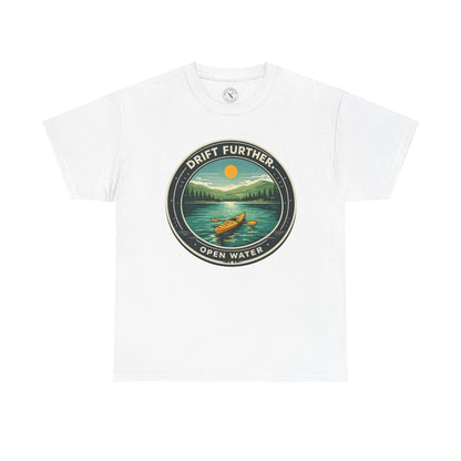 Natural white unisex t-shirt featuring Drift Further Open Water kayaking circular badge graphic with canoe on lake and sun design