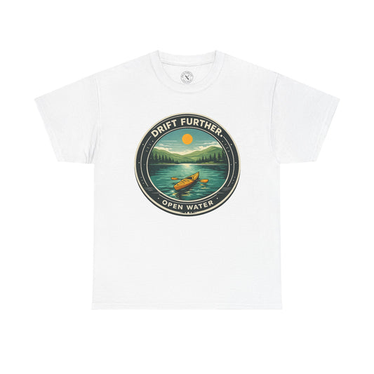 Natural white unisex t-shirt featuring Drift Further Open Water kayaking circular badge graphic with canoe on lake and sun design