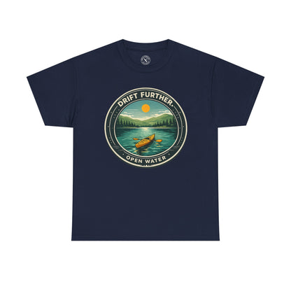 Navy blue unisex t-shirt featuring Drift Further Open Water kayaking circular badge graphic with canoe on lake and sun design