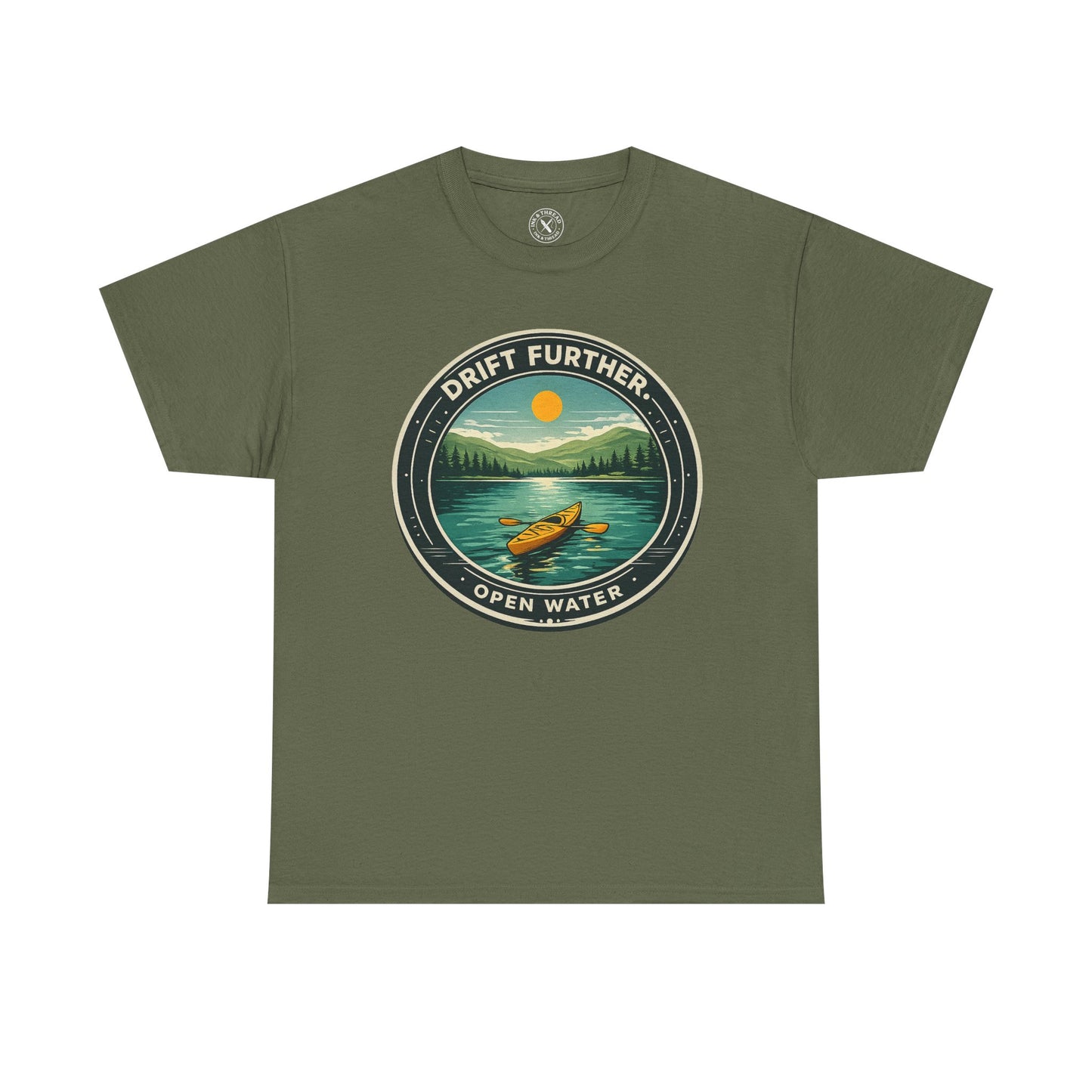 Olive green unisex t-shirt featuring Drift Further Open Water kayaking circular badge graphic with canoe on lake and sun design