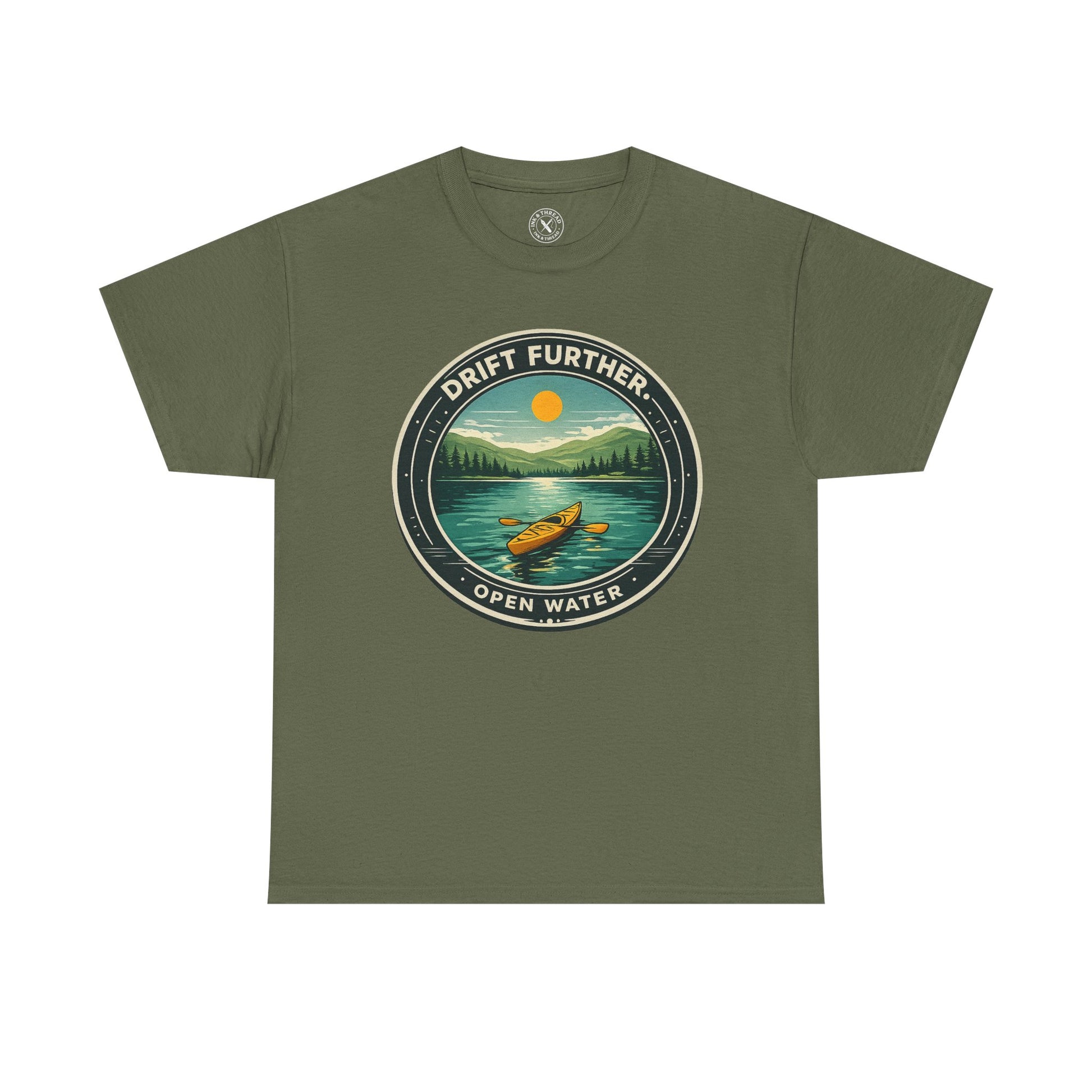 Olive green unisex t-shirt featuring Drift Further Open Water kayaking circular badge graphic with canoe on lake and sun design