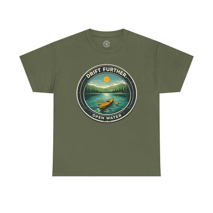 Olive green unisex t-shirt featuring Drift Further Open Water kayaking circular badge graphic with canoe on lake and sun design