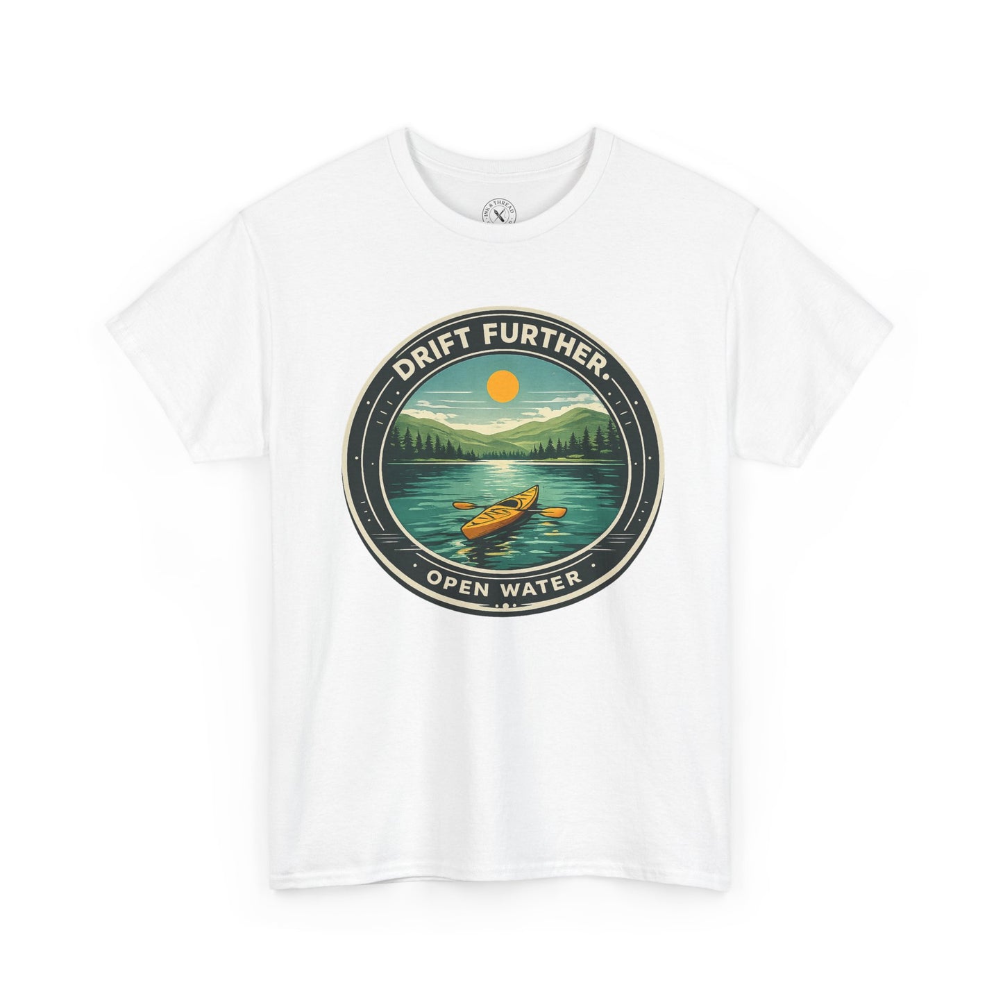White unisex t-shirt featuring Drift Further Open Water kayaking circular badge graphic with canoe on lake and sun design