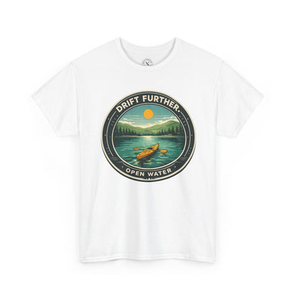 White unisex t-shirt featuring Drift Further Open Water kayaking circular badge graphic with canoe on lake and sun design
