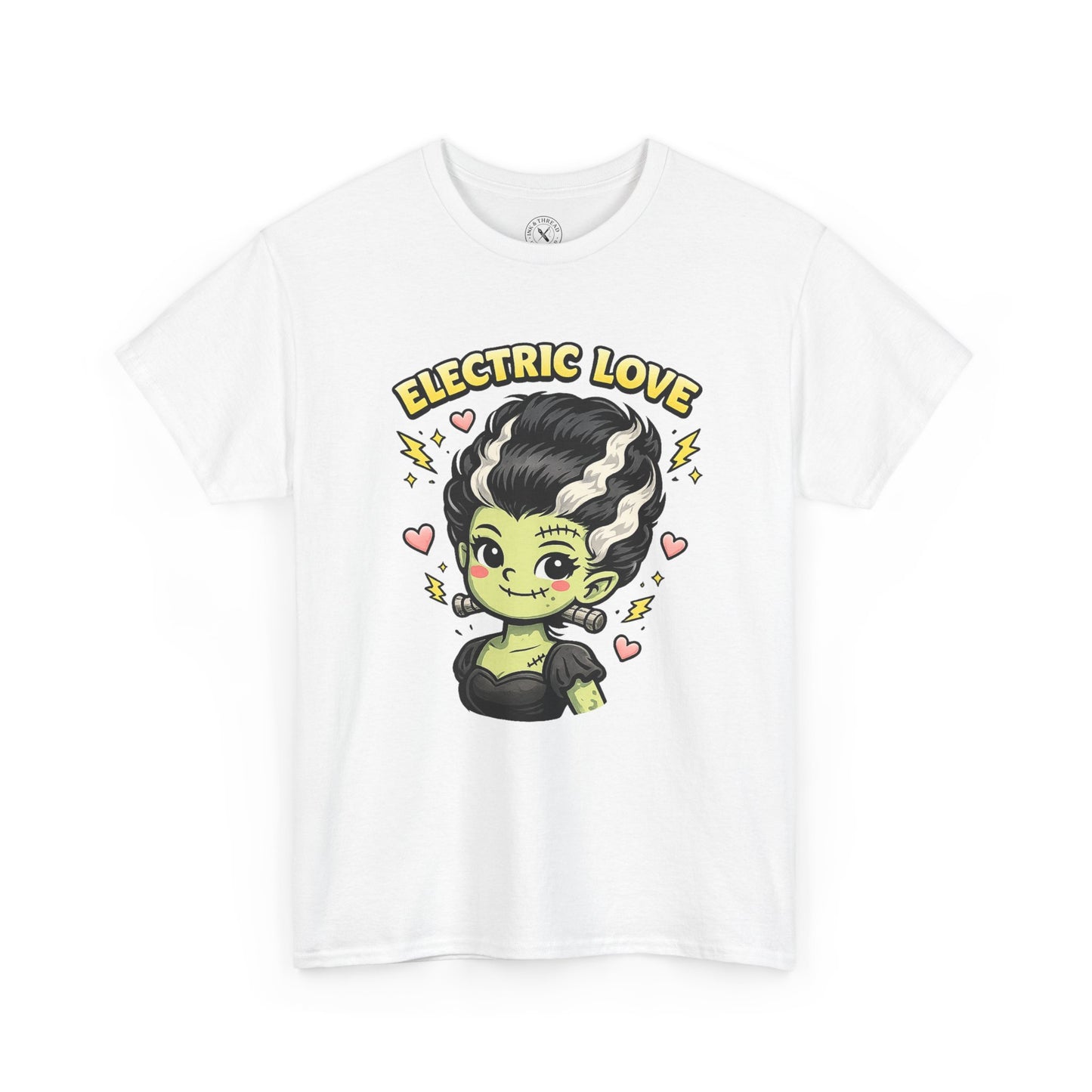 White Electric Love graphic t-shirt featuring a cute kawaii Frankenstein's Bride character with lightning bolts and hearts design