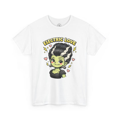 White Electric Love graphic t-shirt featuring a cute kawaii Frankenstein's Bride character with lightning bolts and hearts design