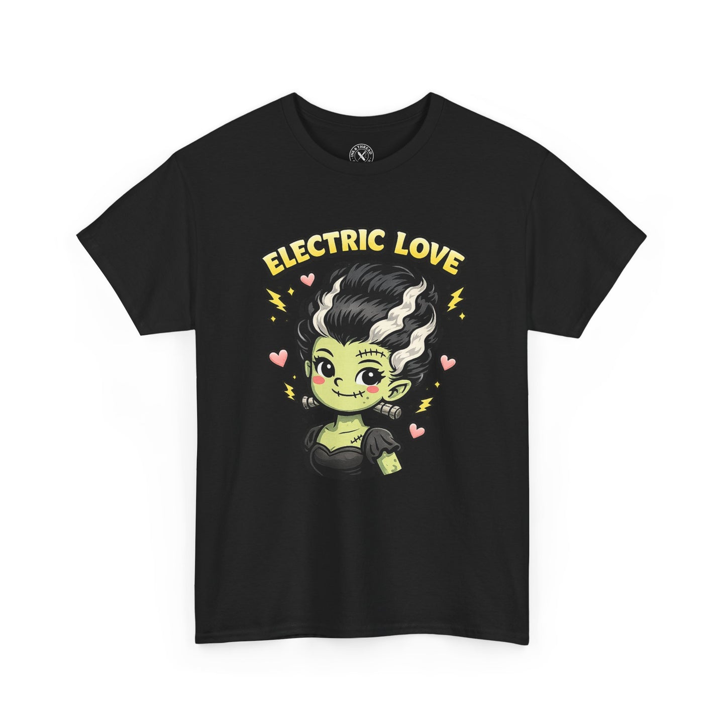 Electric Love Frankenstein Halloween T-Shirt in Black - Cute Bride of Frankenstein Design Unisex Tee