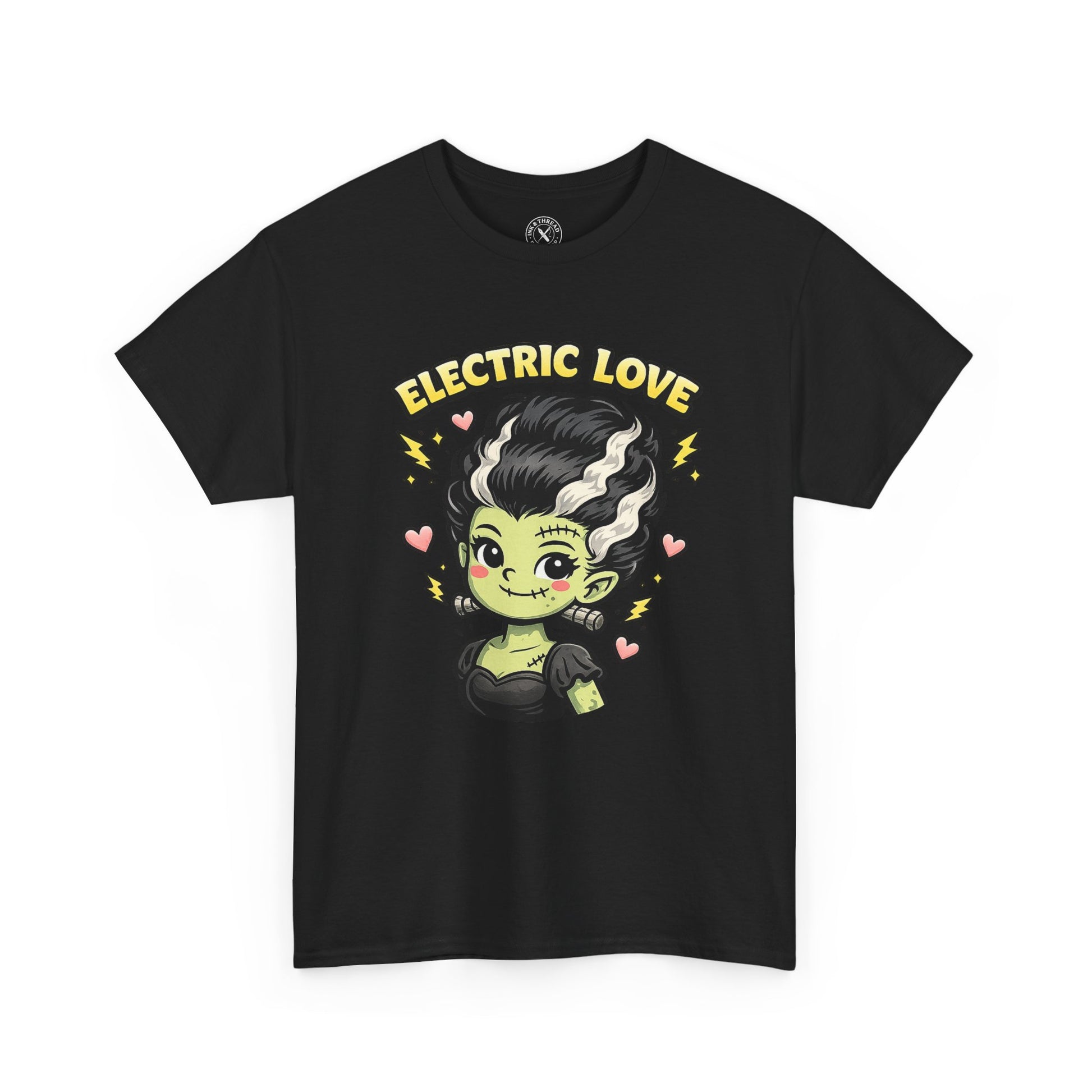 Electric Love Frankenstein Halloween T-Shirt in Black - Cute Bride of Frankenstein Design Unisex Tee