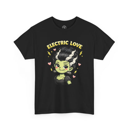 Electric Love Frankenstein Halloween T-Shirt in Black - Cute Bride of Frankenstein Design Unisex Tee