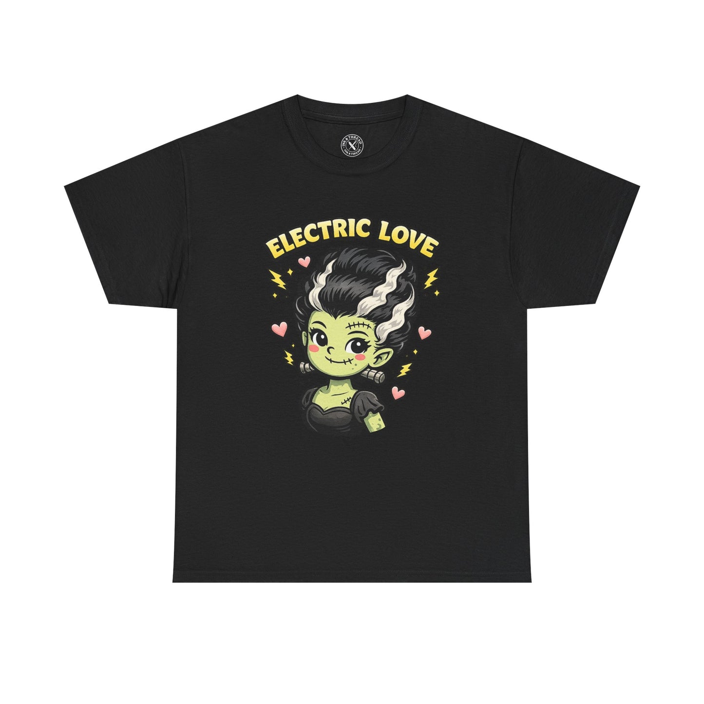 Electric Love Frankenstein Halloween T-Shirt in Dark Grey - Cute Bride of Frankenstein Design Unisex Tee