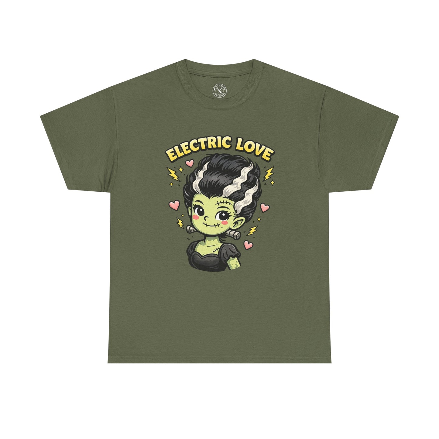 Electric Love Frankenstein Halloween T-Shirt in Olive Green - Cute Bride of Frankenstein Design Unisex Tee