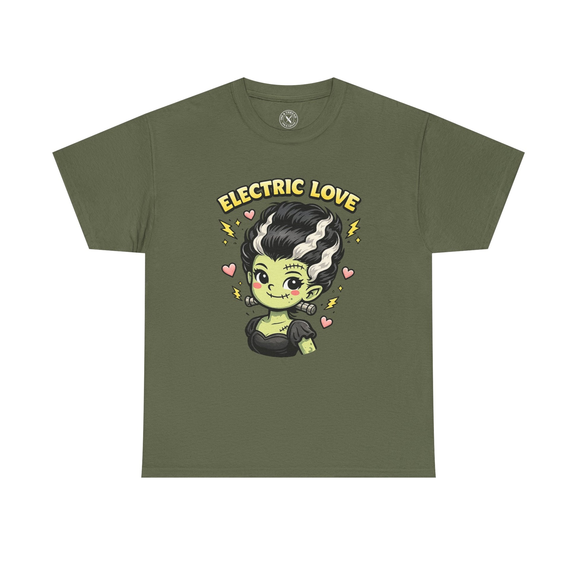 Electric Love Frankenstein Halloween T-Shirt in Olive Green - Cute Bride of Frankenstein Design Unisex Tee
