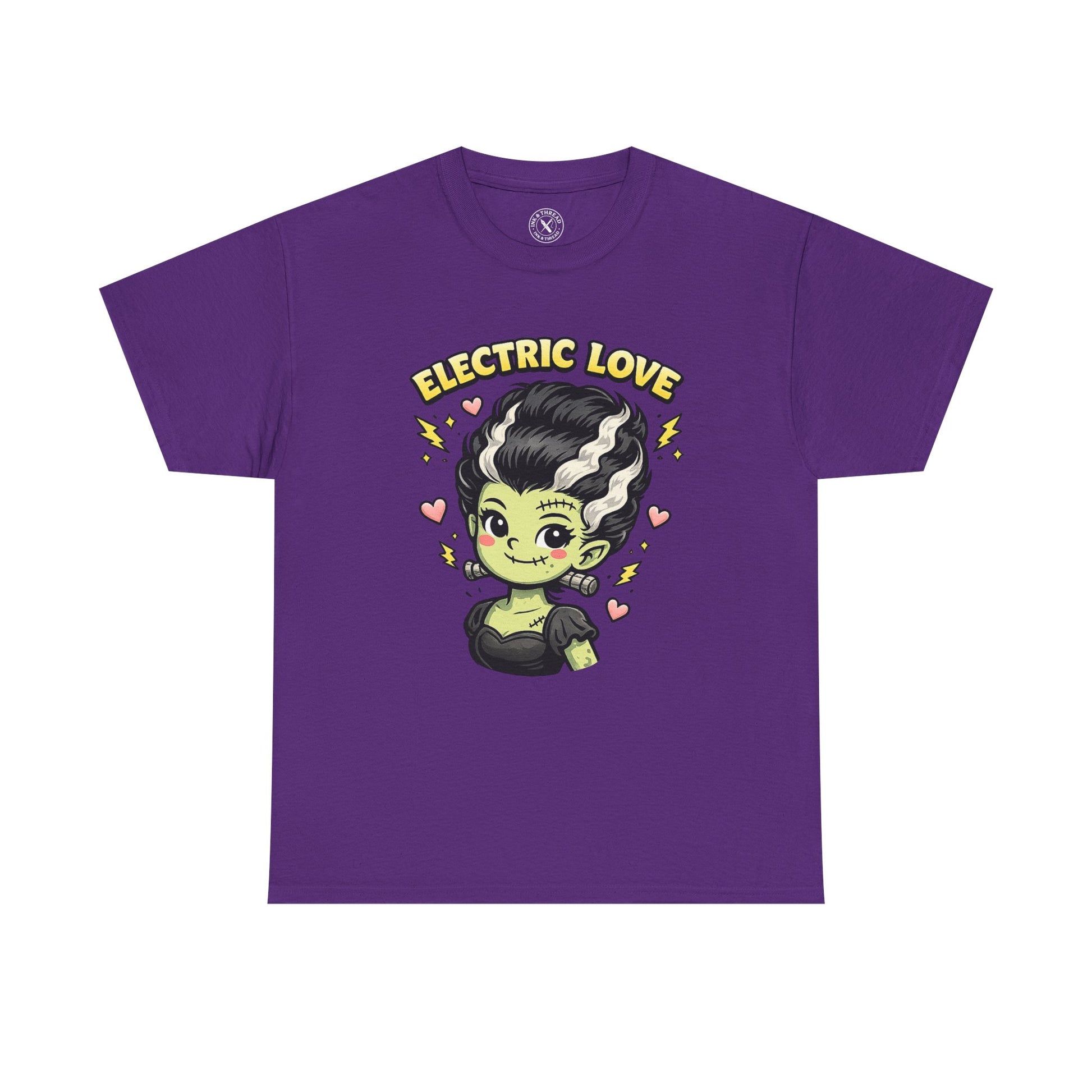 Electric Love Frankenstein Halloween T-Shirt in Purple - Cute Bride of Frankenstein Design Unisex Tee