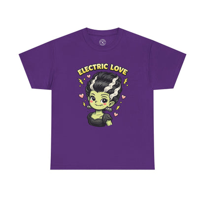 Electric Love Frankenstein Halloween T-Shirt in Purple - Cute Bride of Frankenstein Design Unisex Tee