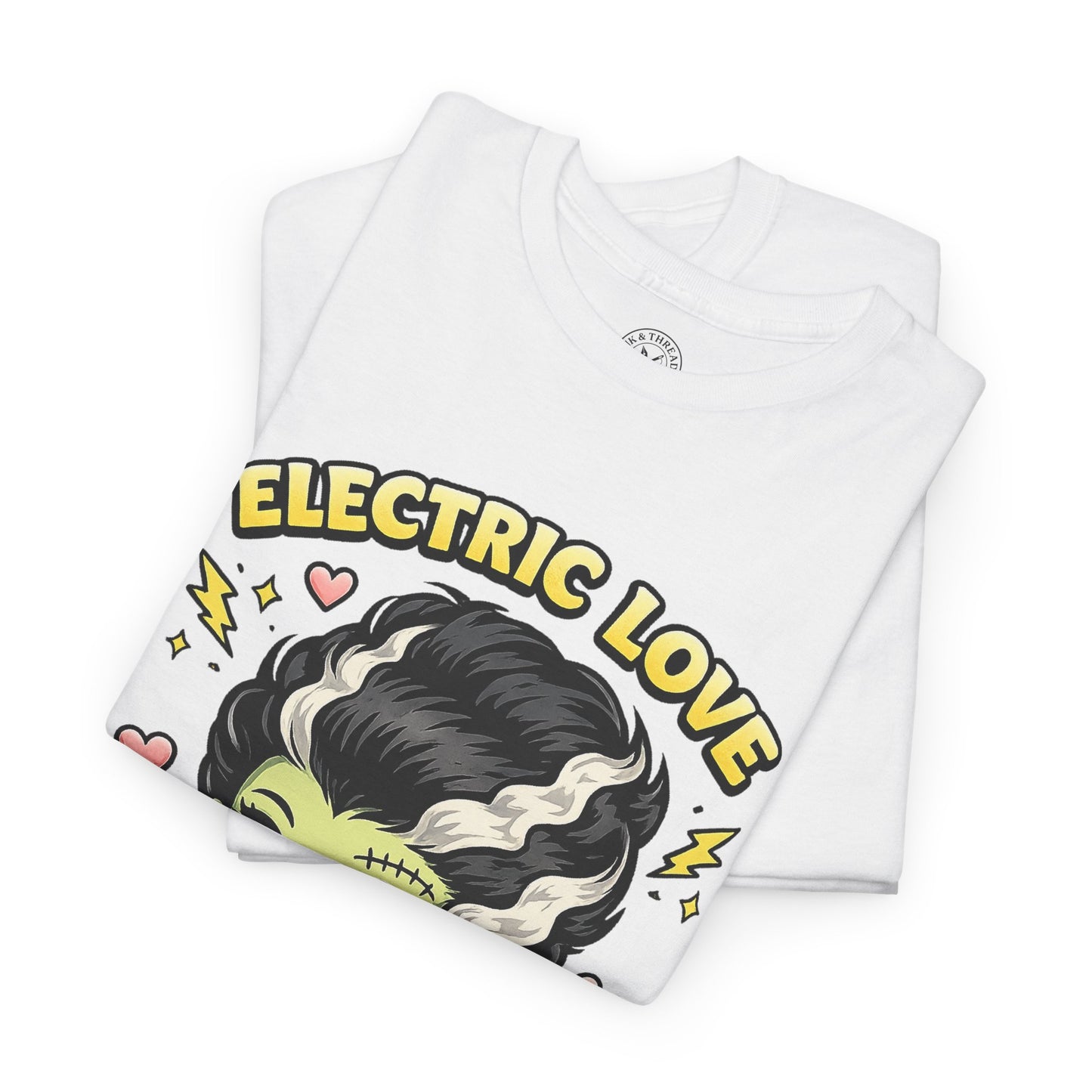 Electric Love Frankenstein Halloween T-Shirt in White - Folded View with Bride of Frankenstein Design