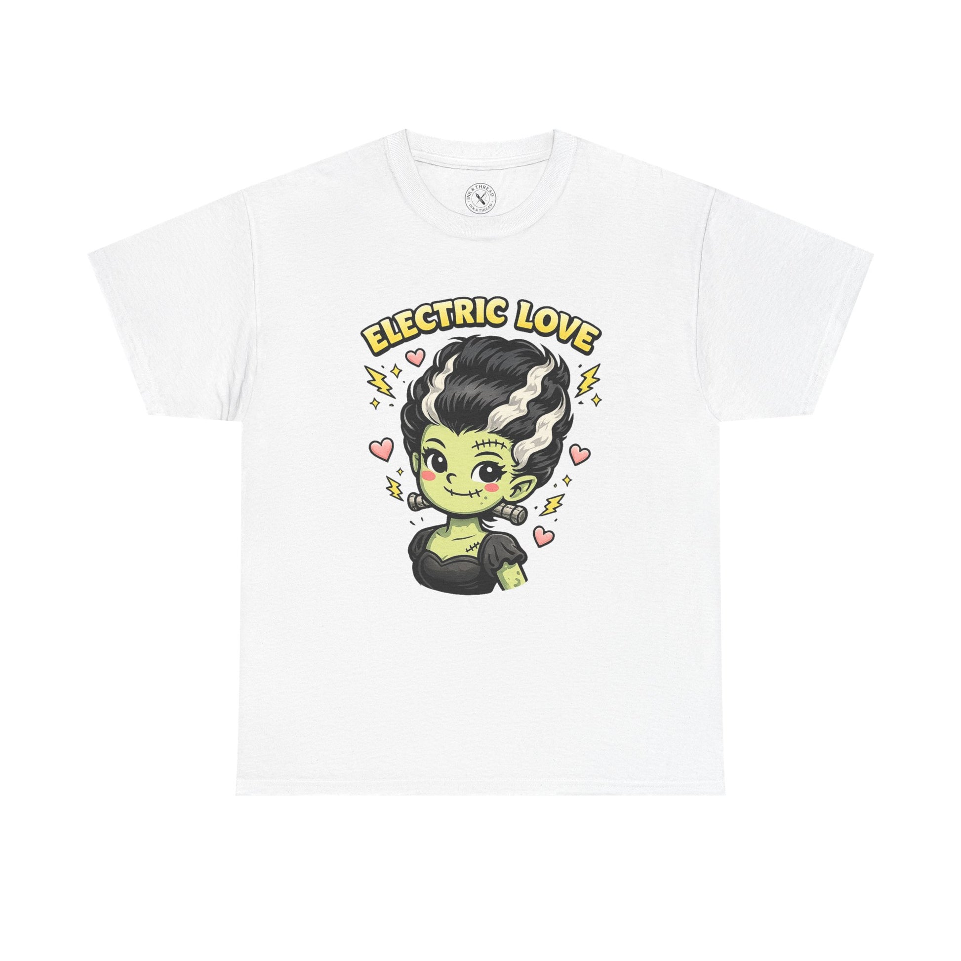 Electric Love white graphic t-shirt featuring cute kawaii Frankenstein bride with lightning bolts and hearts