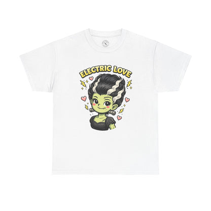 Electric Love white graphic t-shirt featuring cute kawaii Frankenstein bride with lightning bolts and hearts