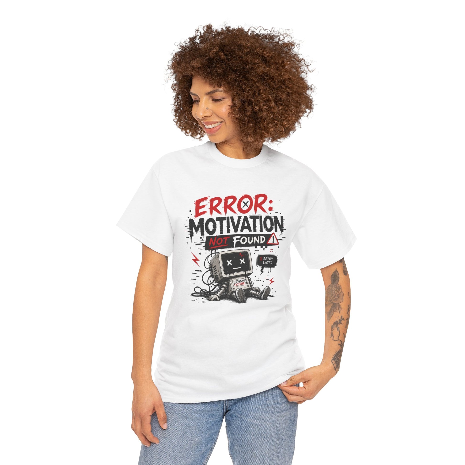 Woman wearing the Error Motivation Not Found graphic t-shirt featuring a tired robot illustration and distressed typography.