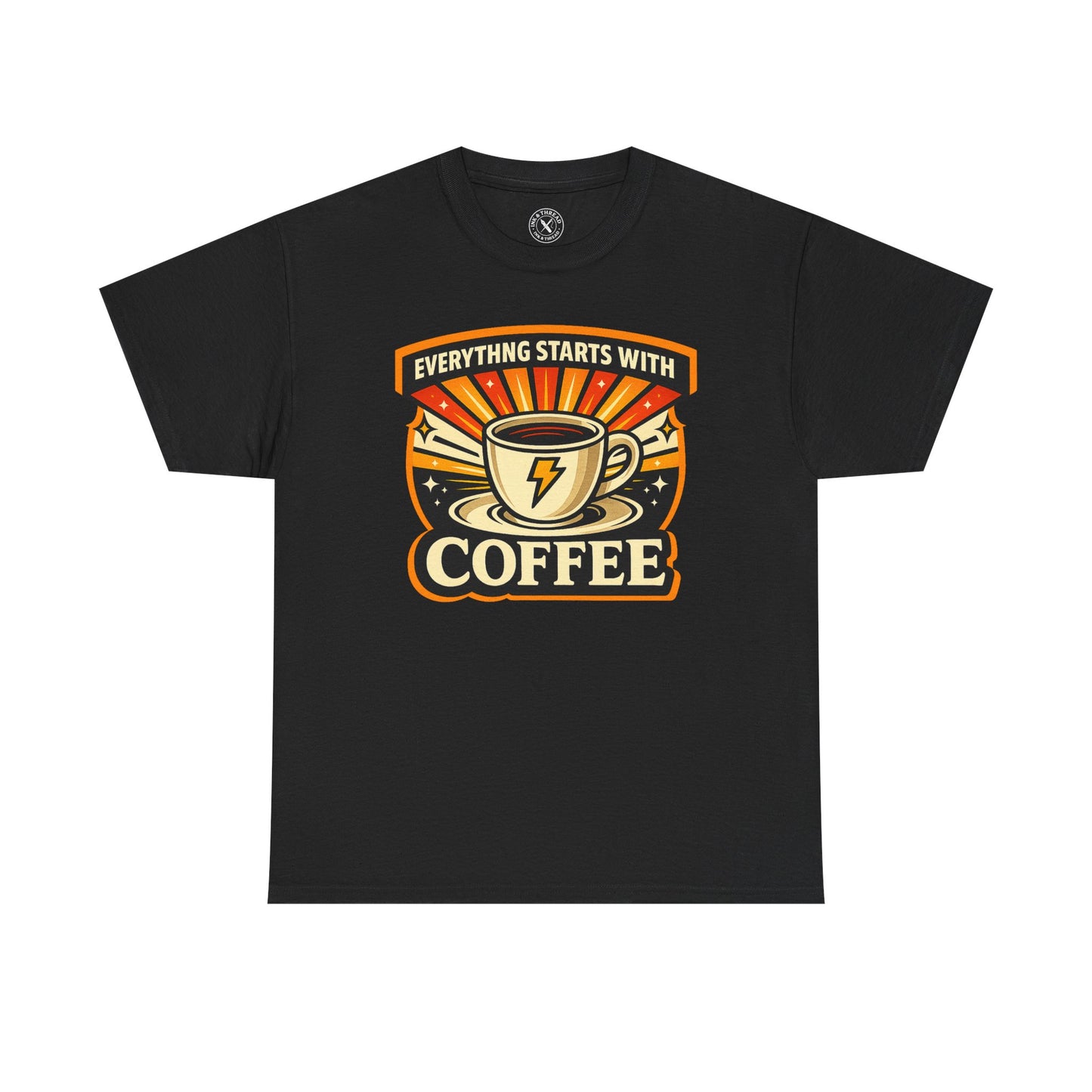 Black t-shirt with Everything Starts With Coffee graphic design featuring a coffee cup with lightning bolt on a white background