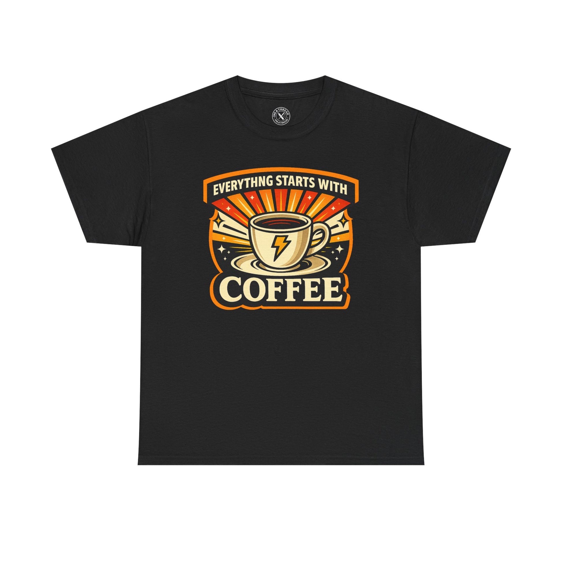 Black t-shirt with Everything Starts With Coffee graphic design featuring a coffee cup with lightning bolt on a white background