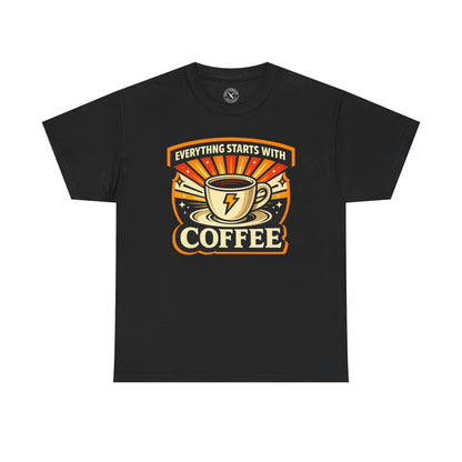 Black t-shirt with Everything Starts With Coffee graphic design featuring a coffee cup with lightning bolt on a white background