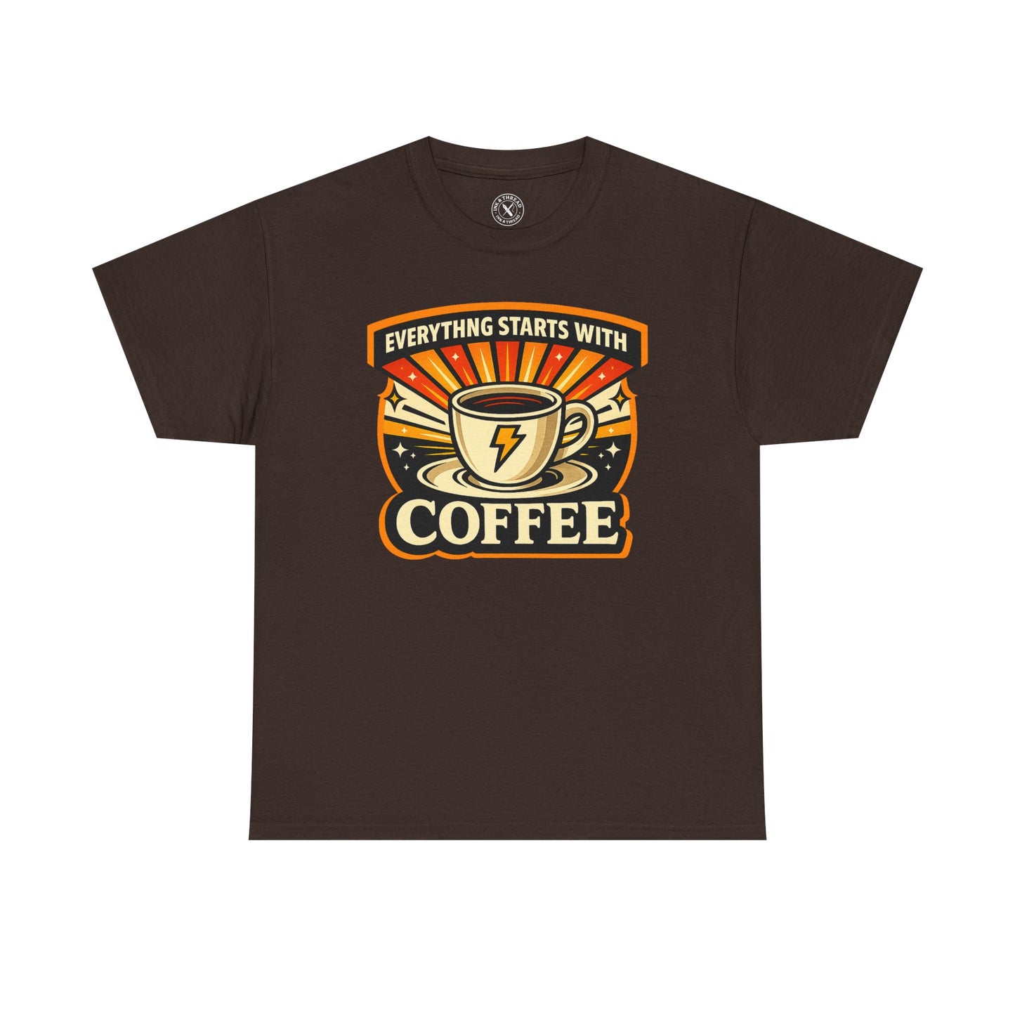 Dark brown t-shirt with Everything Starts With Coffee graphic design featuring a coffee cup with lightning bolt on a white background