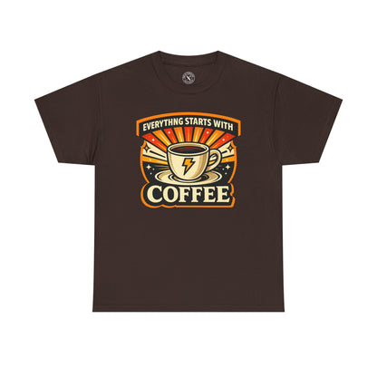Dark brown t-shirt with Everything Starts With Coffee graphic design featuring a coffee cup with lightning bolt on a white background