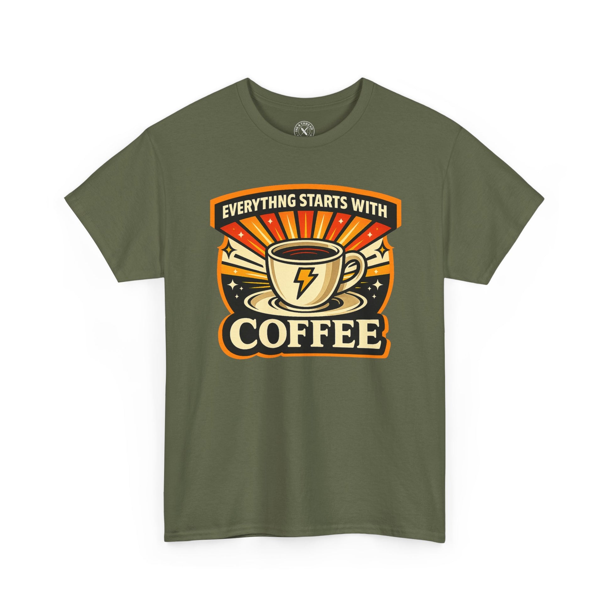 "Everything Starts with Coffee" graphic t-shirt in military green, Ink & Thread