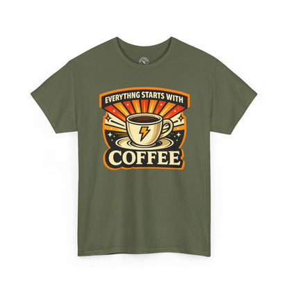 "Everything Starts with Coffee" graphic t-shirt in military green, Ink & Thread