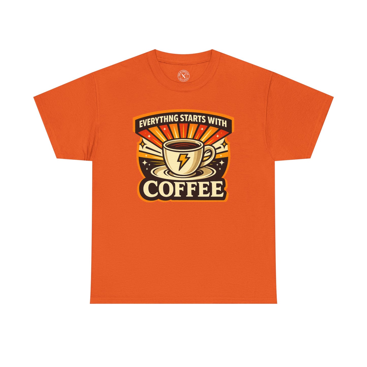 Orange t-shirt with Everything Starts With Coffee graphic design featuring a coffee cup with lightning bolt on a white background