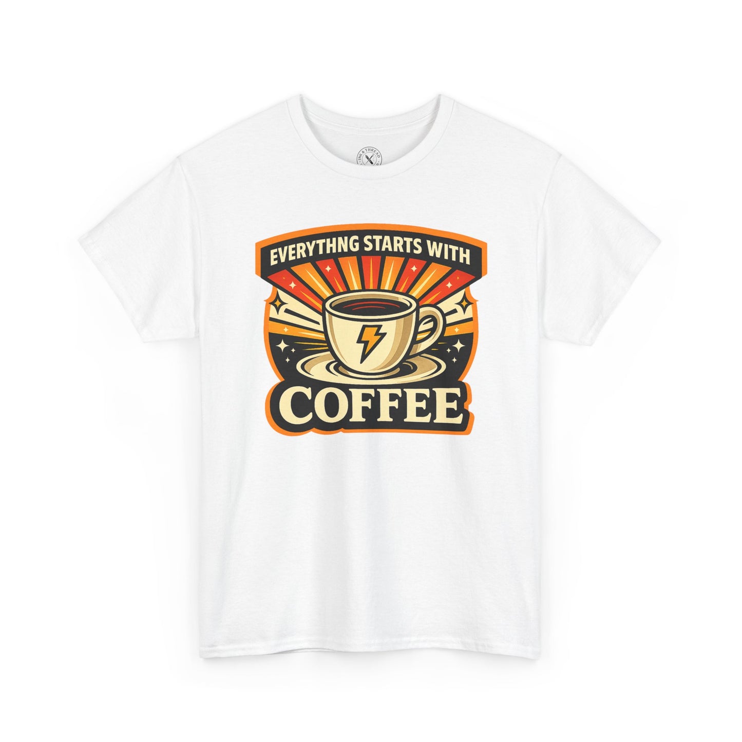 White t-shirt with Everything Starts With Coffee graphic design featuring a coffee cup with lightning bolt on a white background