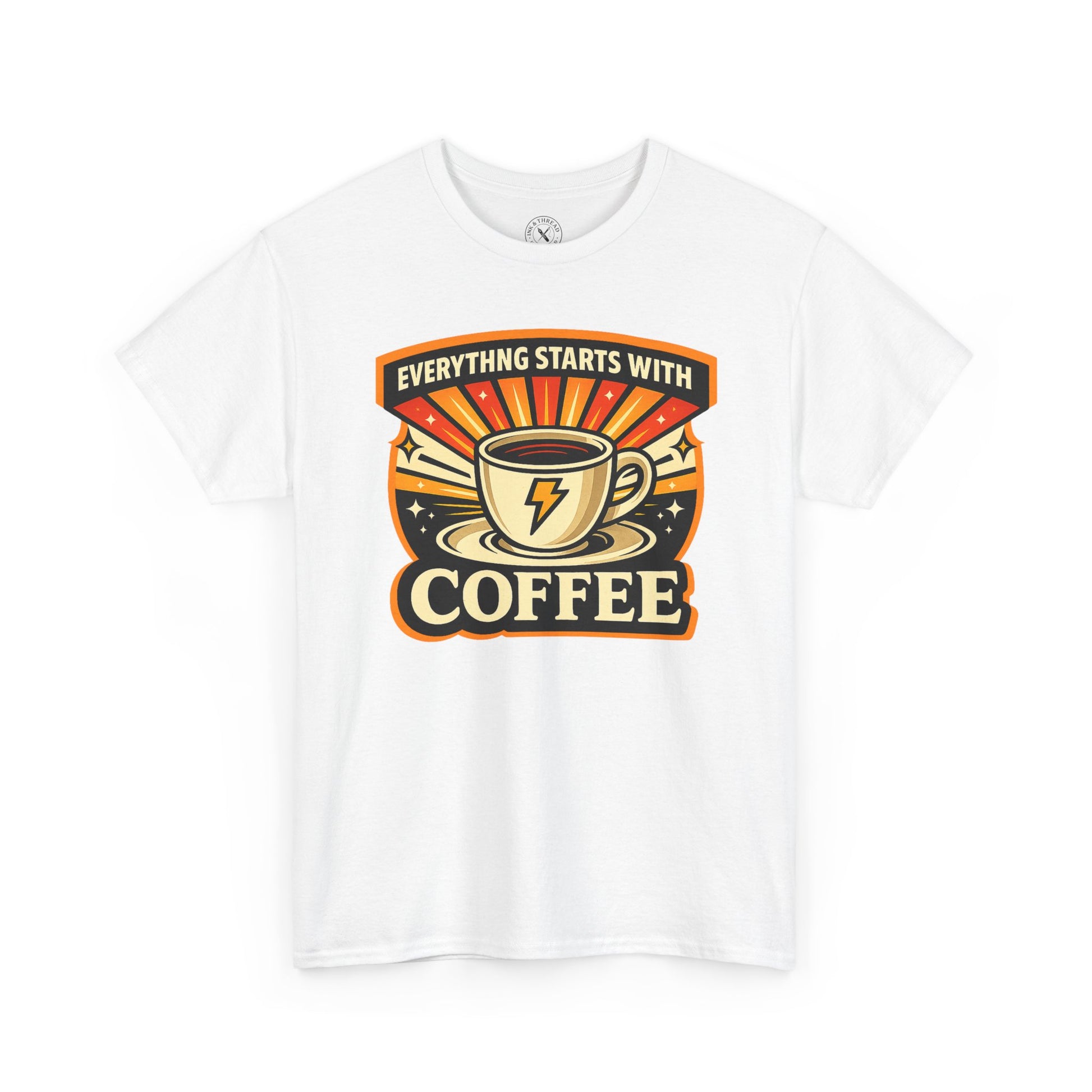 White t-shirt with Everything Starts With Coffee graphic design featuring a coffee cup with lightning bolt on a white background