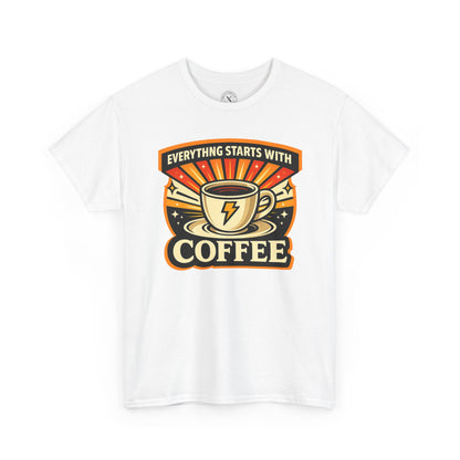 White t-shirt with Everything Starts With Coffee graphic design featuring a coffee cup with lightning bolt on a white background